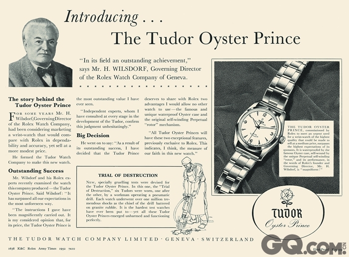 1936
汉斯•威尔斯多夫接管帝舵表品牌
1936 年10 月15日，“Veuve de Philippe Hüther”将“The Tudor ”品牌转让予汉斯•威尔斯多夫。与此同时，腕表的表盘上均可见都铎王朝的玫瑰图案。此标志镌刻于盾牌图案内，象征着力量（腕表坚固）与优雅（线条美态）的完美结合。
1946
创立“MONTRES TUDOR S.A.”公司
第二次世界大战刚结束，汉斯•威尔斯多夫便意识到是时候扩张业务，并正式确立一个清晰的品牌形象。因此在1946年3月6日，他创立了“Montres TUDOR S.A.” （帝舵表）公司，专门制造男装及女装表款。而劳力士则为腕表的技术、美学及性能，以及分销与售后服务作保证。
