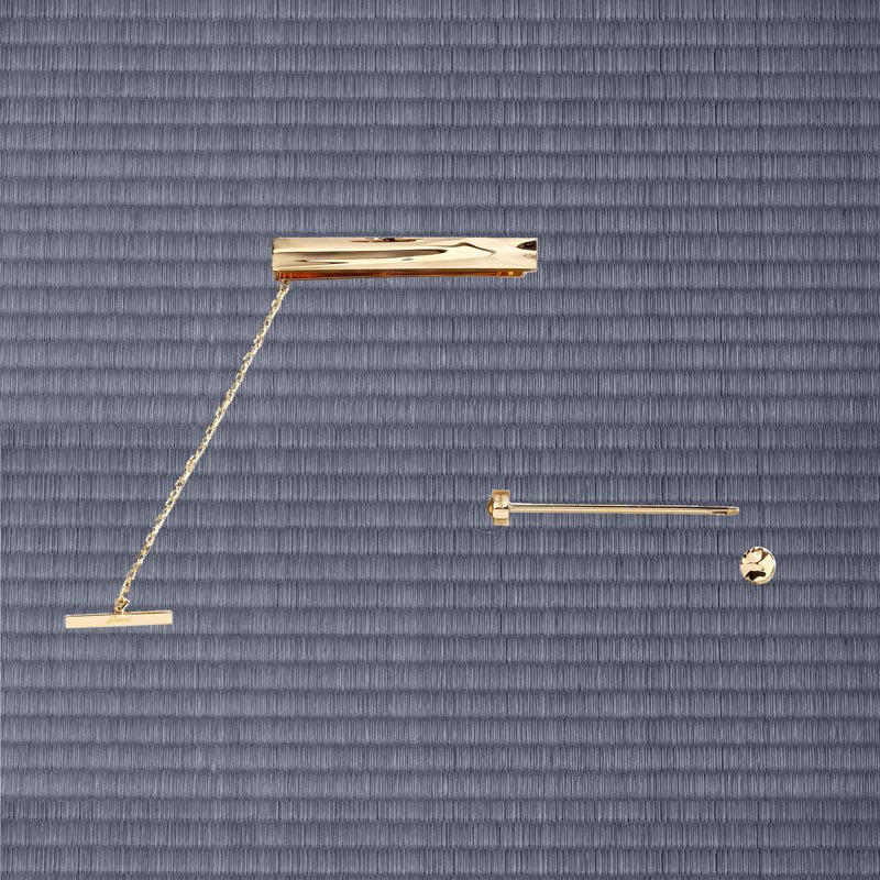 源自Brioni高端珠宝配饰系列的领带夹和领针，均由纯金打造并通过一流的工艺线条呈现出Brioni的专属风格，与Brioni的服装系列完美贴合