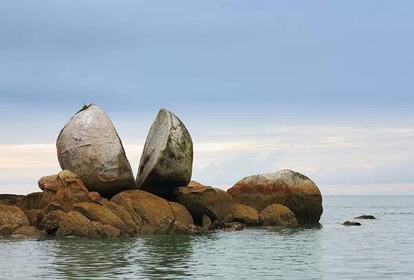 在新西兰南部岛屿的亚伯塔斯曼国家公园,有很多有趣的岩石形成,但是最古怪的莫过于这个开口整齐的苹果岩石了，高高地矗立在塔斯曼湾的水中。