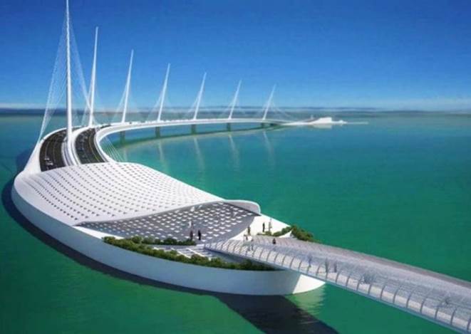 该跨海大桥于2015年开始施工，12公里的流体设计是由连接在一起的一个系列，包括三座桥梁与海平面下的隧道。这个数十亿美元的项目还包含了娱乐场所。