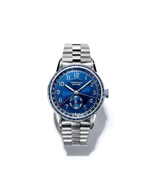 Tiffany CT60系列腕表，大三针年历表款，18k白金镶嵌蓝宝石表盘，不锈钢表带