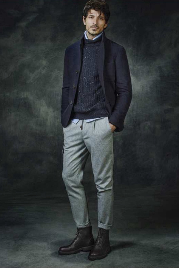 Brunello Cucinelli邀请西班牙男模Andres Velencoso推出了以“Time as a Feeling”为主题的2016秋冬男装型录。它旨在结合舒适、自由、创造力的平衡。为具有明显季节特征的针织衫添加粗纺、竹节、花呢这类元素，混合了经典西装与运动装打造出看似粗糙的质地。这种“粗糙”、“自然”的设计风格，打造了不同于主流观念的时尚。