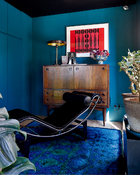 柜子上的复古桌灯来自Philips，上面悬挂的艺术品来自Miodrag。而蓝色的复古羊毛毯上方摆放的座椅，来自Lc 4 of Le Corbusier。
