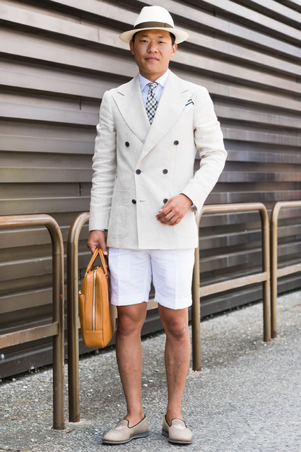 Kim
Hat: Borsalino
Jacket, tie and shirt: Suit Supply
Shorts: Incotex
Shoes: Church's
Bag: Valextra

Cheapest: My shorts
Oldest piece: my hat

Inspiration: I wanted a soft color palette（我想要一种轻柔的色调）
