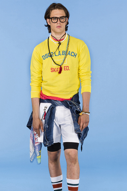 在2016年早春男装型录中，Dsquared2再次推出了受欢迎的年轻主题。Dsquared2以滑板男孩为设计风格，色彩缤纷的运动衫、款式独特的T恤，夺人眼球。除了滑板男孩，冲浪者、沙滩狂欢者，都给了Dsquared2设计灵感，紧身裤、连帽衫都充满时尚感与运动感。