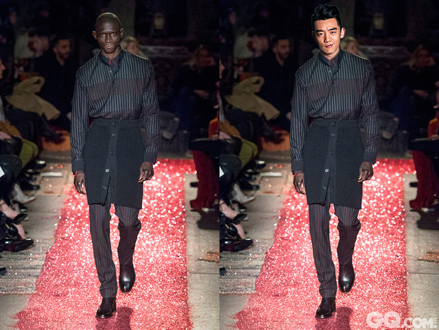 Givenchy的2015秋冬秀用衬衫、西裤和带有纽扣配饰的针织裙挑战了经典的绅士风格。想要穿裙子但又不想失去绅士的男人魅力的话，这样的搭配可以参考哦。