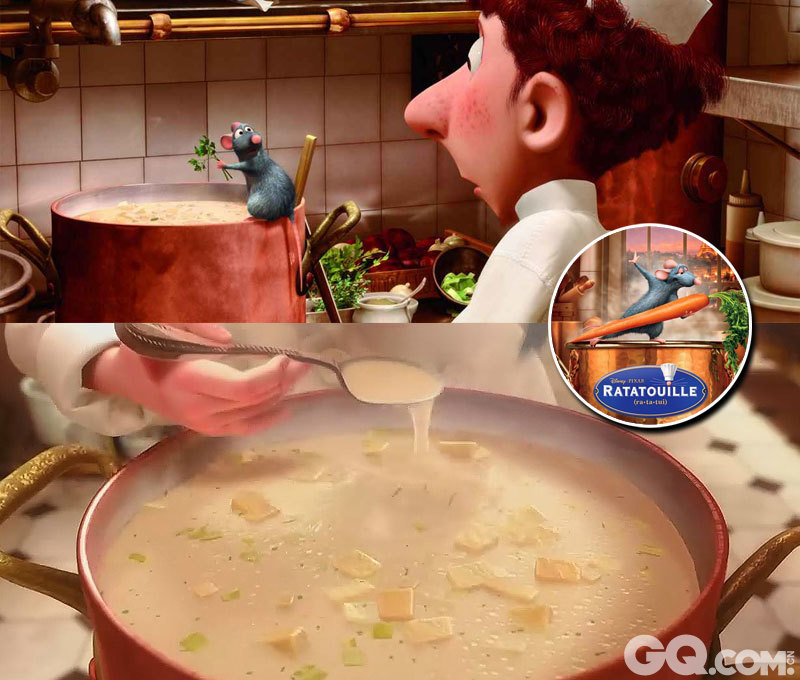 《料理鼠王》 Ratatouille
一个心怀大志的老鼠——想成为五星大厨，遇见了一个生性羞怯的厨师学徒，受人排挤，工作不保。不过这两个人拼凑在一起，却实现了彼此的烹饪梦想，天赋卓越的小老鼠帮助男孩成为了“天才厨师”……

最诱人镜头：老鼠雷米制作并舀起第一勺浓汤的时候。

