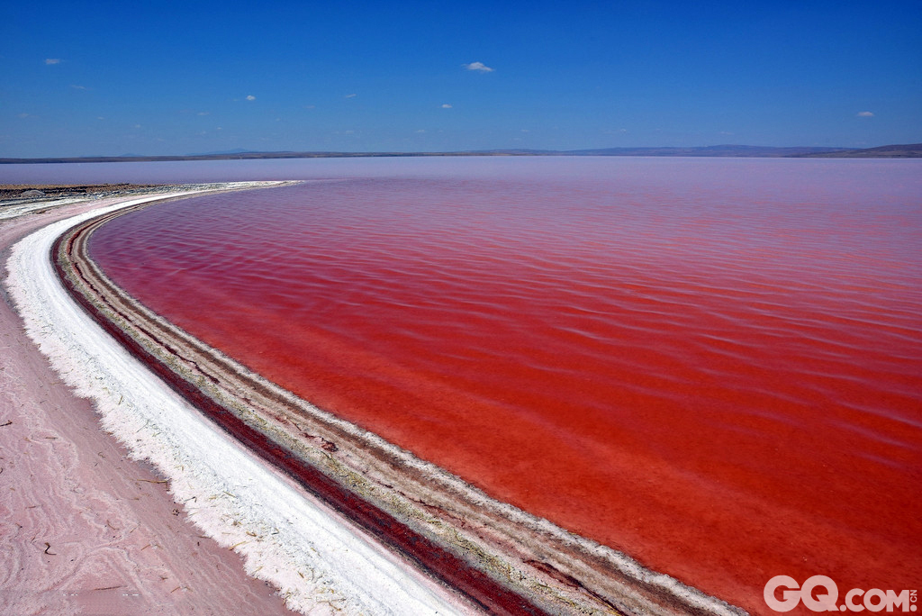 土耳其阿克萨拉伊，一种名为盐生杜氏藻的喜盐海洋微藻覆盖盐湖部分水域，使盐湖的颜色变为红色。  