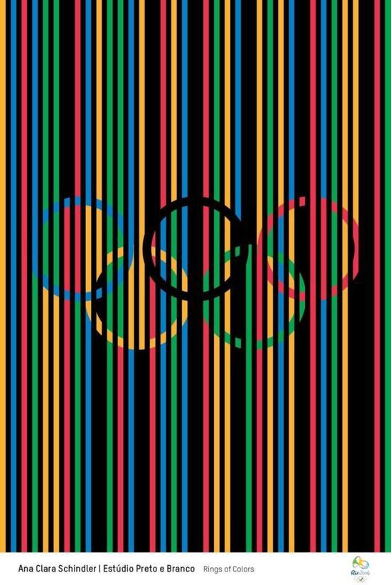 以奥运五环、火炬、花环作主角的海报，呈现出粉笔画、剪纸等不同风格，不变的是用明亮的色彩表现巴西特色，烘托奥运盛会的氛围。