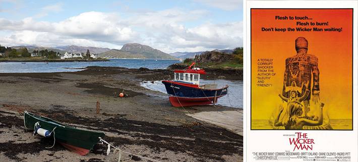 斯凯岛（Isle of Skye），常被称为“天空岛”，位于苏格兰西北部，是内赫布里底群岛面积最大、纬度最高的岛屿。这里拥有奇绝的自然风景、丰富的历史遗迹和数量众多的野生动物，很受游客和徒步爱好者的欢迎。而这座美丽的岛屿则成为1973年的恐怖电影《异教徒》的拍摄地。故事源于失踪女孩的一封信。苏格兰警官豪伊（ 爱德华•伍德华德 饰）收到一封信，信中称苏格兰西海岸的夏岛上的女孩罗恩•莫里森失踪已久，并向他求助破案。豪伊来到夏岛展开调查，发现岛上的居民信奉神秘的宗教。夏岛勋爵在岛民中似乎拥有极大的权力和声望，岛民也并不配合豪伊的调查。豪伊在接近真相的同时却不知危险正在向他靠近……