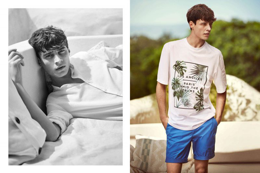 H&M推出热带主题的夏季男装型录，修身纯棉短裤、简约T恤、薄款针织衫，款式简约、色彩自然中性。没有选择千篇一律的椰树印花，而是棕榈树的印花更添独特的夏日气息。