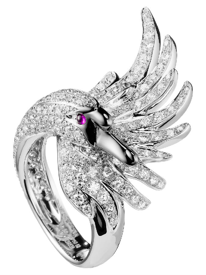 boucheron宝诗龙动物系列cypris钻石天鹅戒指,铺镶钻石和两颗红宝石